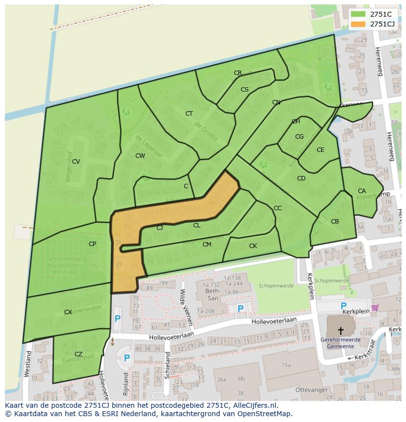 Afbeelding van het postcodegebied 2751 CJ op de kaart.