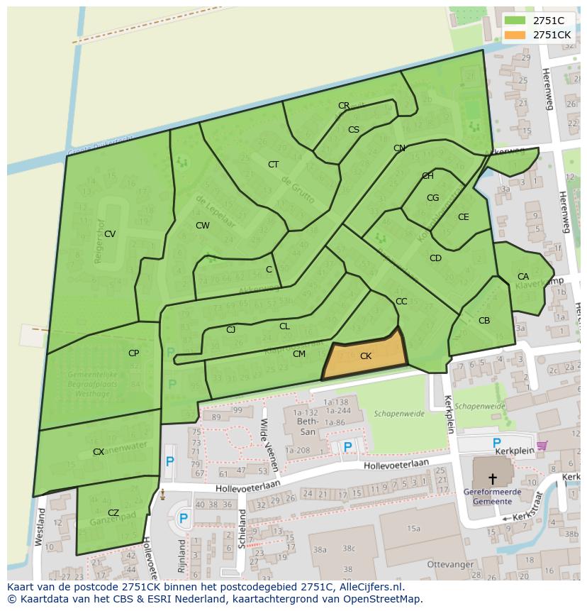 Afbeelding van het postcodegebied 2751 CK op de kaart.