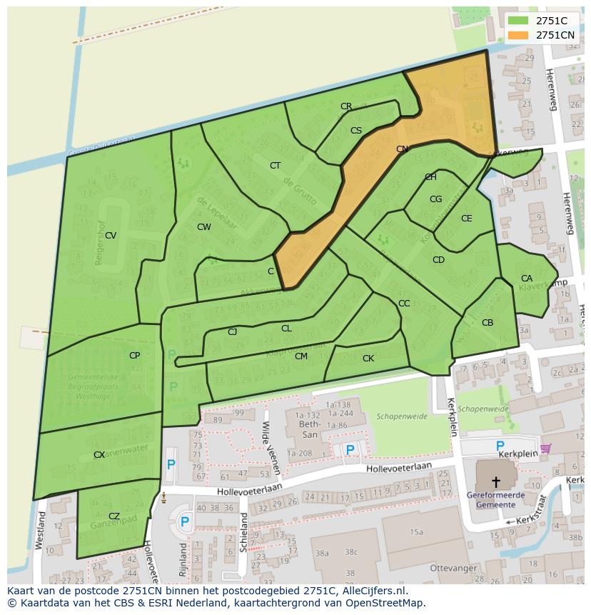 Afbeelding van het postcodegebied 2751 CN op de kaart.