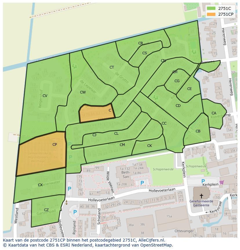 Afbeelding van het postcodegebied 2751 CP op de kaart.