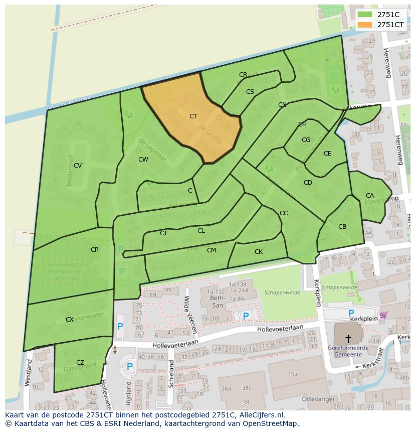 Afbeelding van het postcodegebied 2751 CT op de kaart.