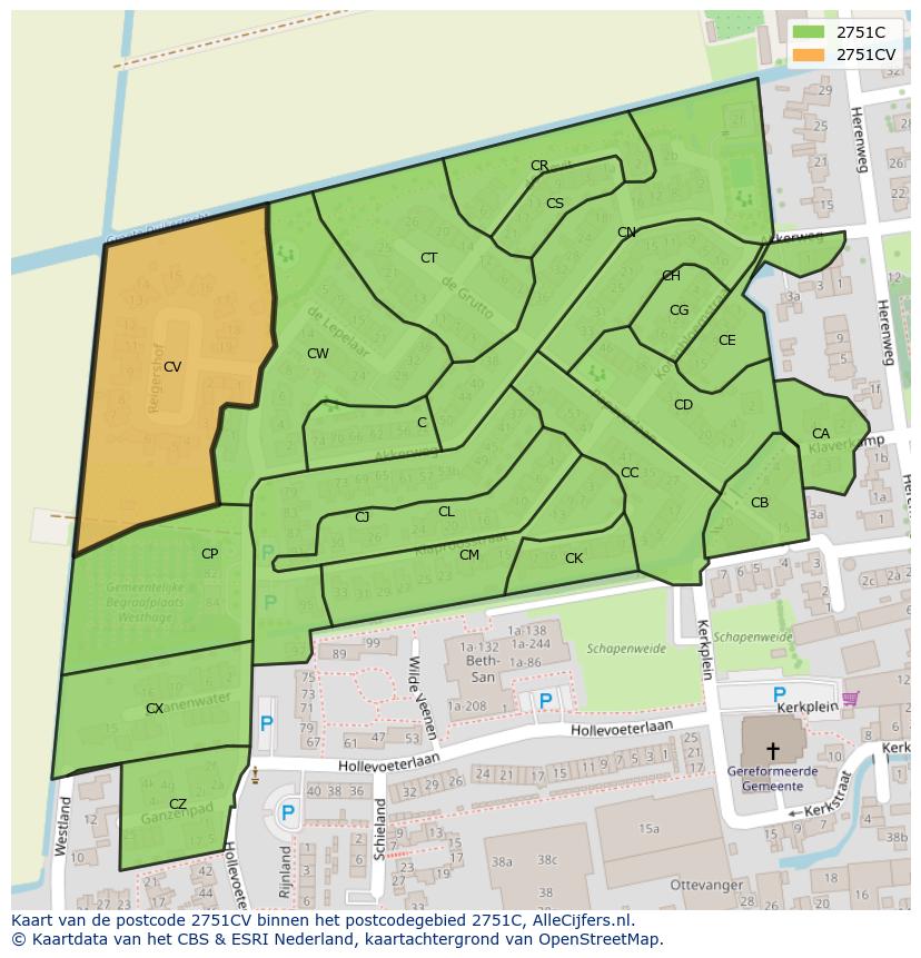 Afbeelding van het postcodegebied 2751 CV op de kaart.