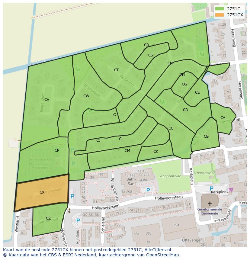 Afbeelding van het postcodegebied 2751 CX op de kaart.