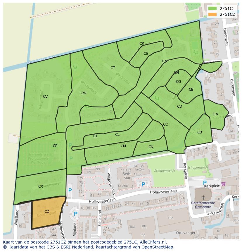 Afbeelding van het postcodegebied 2751 CZ op de kaart.