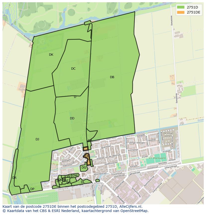 Afbeelding van het postcodegebied 2751 DE op de kaart.