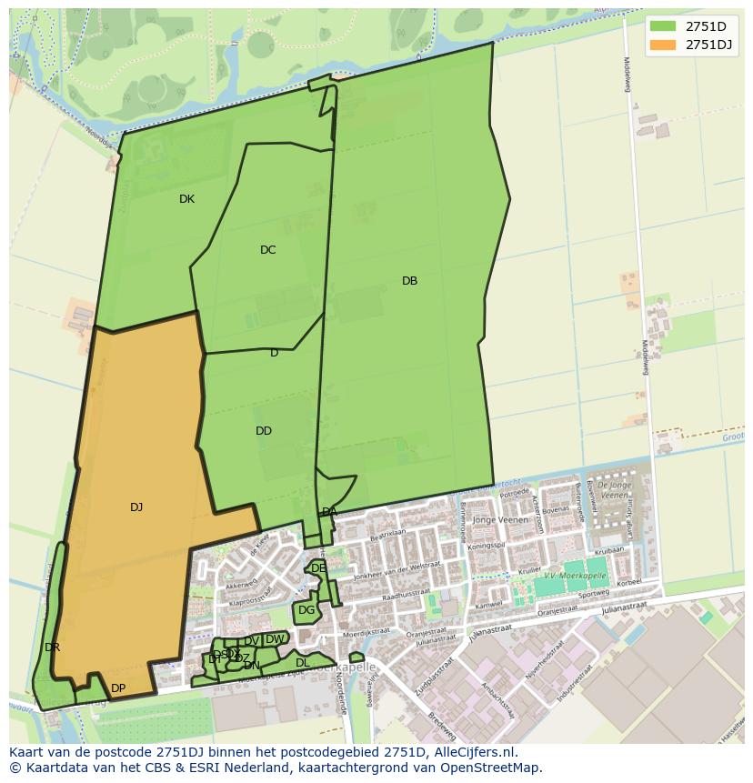 Afbeelding van het postcodegebied 2751 DJ op de kaart.