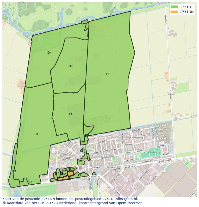 Afbeelding van het postcodegebied 2751 DN op de kaart.