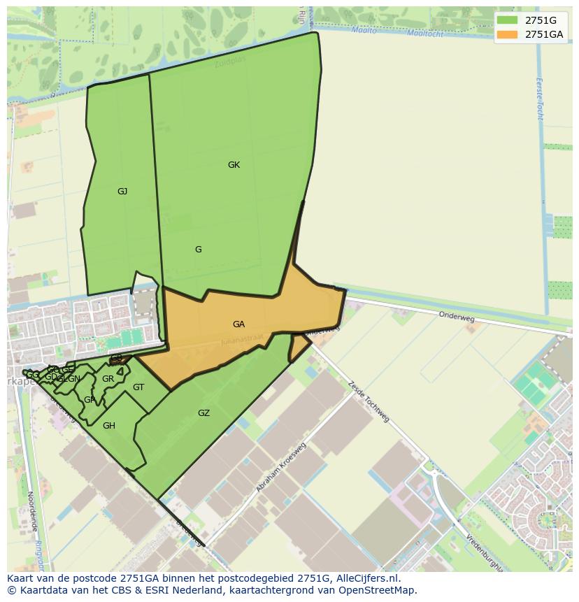 Afbeelding van het postcodegebied 2751 GA op de kaart.
