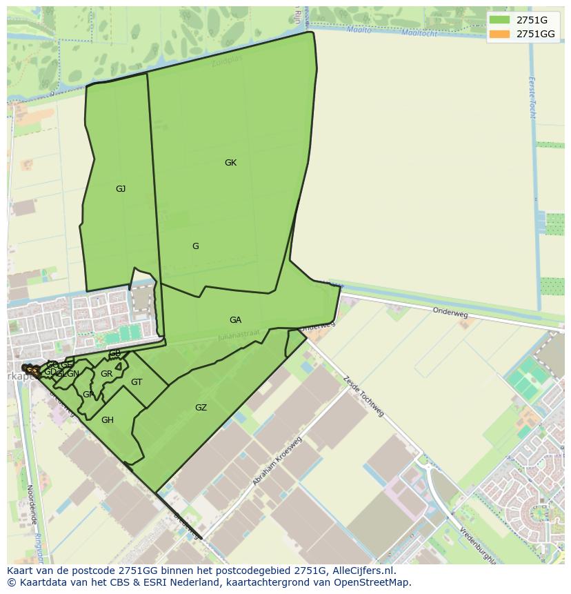 Afbeelding van het postcodegebied 2751 GG op de kaart.