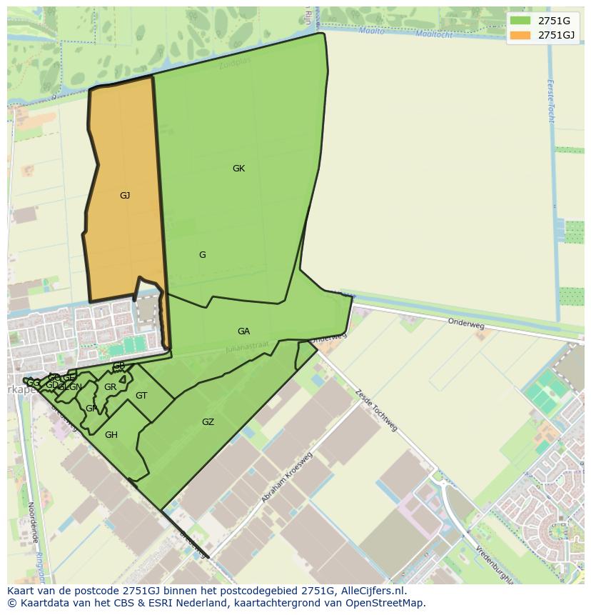 Afbeelding van het postcodegebied 2751 GJ op de kaart.