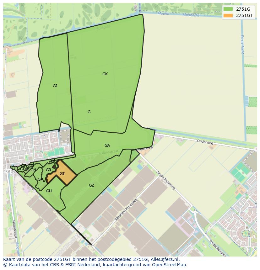 Afbeelding van het postcodegebied 2751 GT op de kaart.