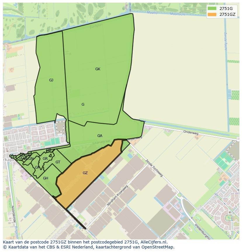 Afbeelding van het postcodegebied 2751 GZ op de kaart.