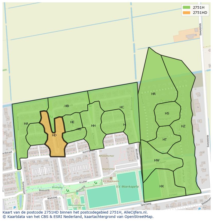Afbeelding van het postcodegebied 2751 HD op de kaart.