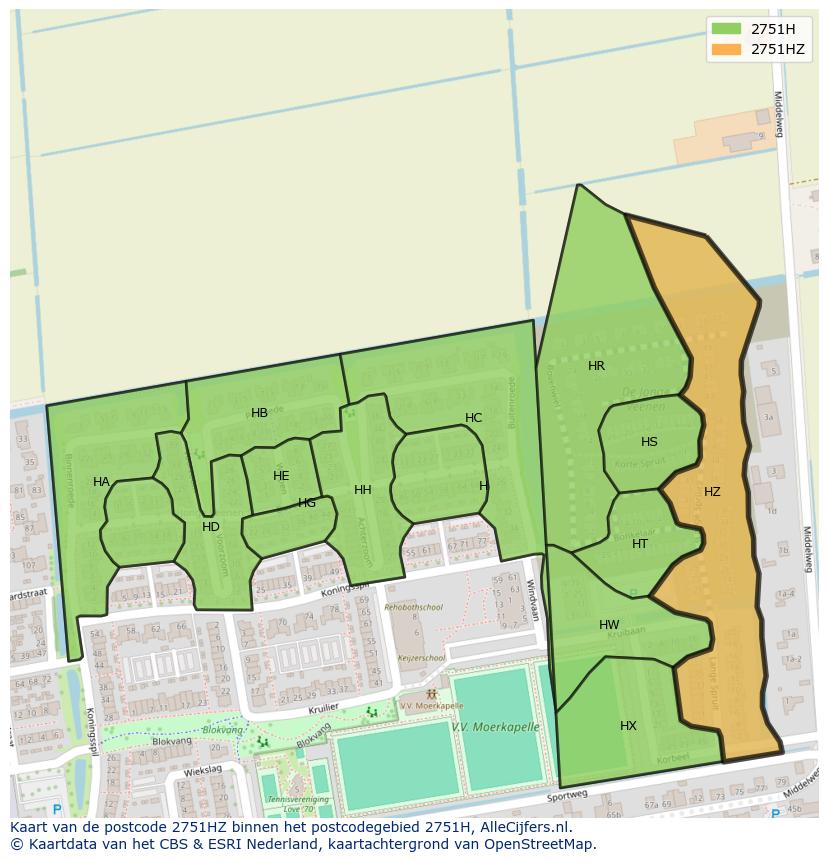 Afbeelding van het postcodegebied 2751 HZ op de kaart.