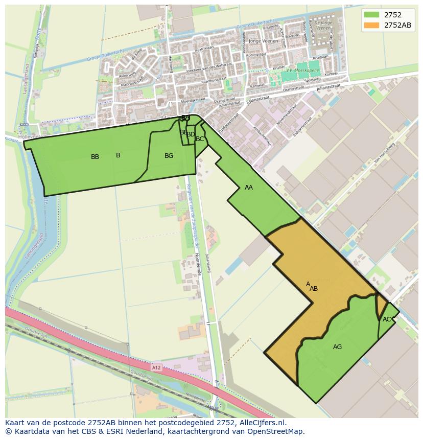 Afbeelding van het postcodegebied 2752 AB op de kaart.