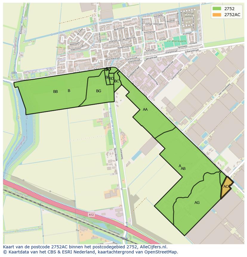 Afbeelding van het postcodegebied 2752 AC op de kaart.