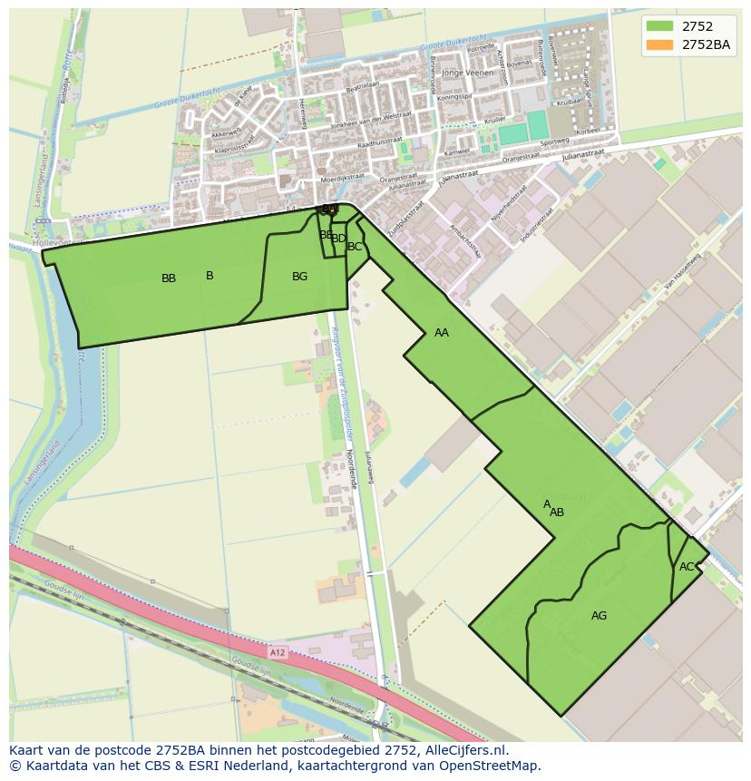 Afbeelding van het postcodegebied 2752 BA op de kaart.