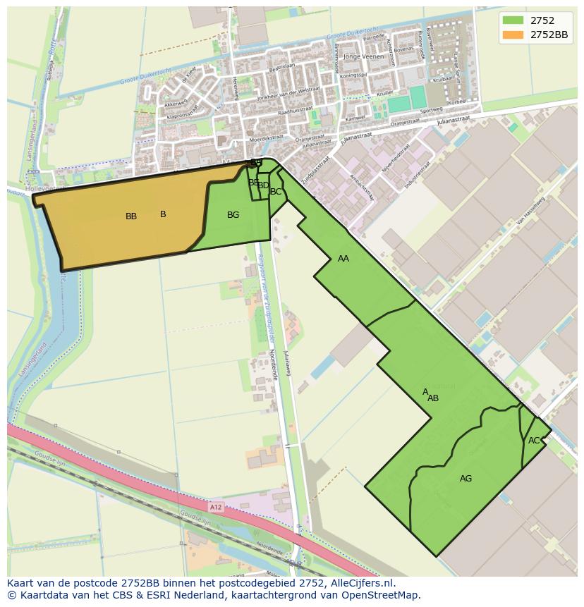 Afbeelding van het postcodegebied 2752 BB op de kaart.