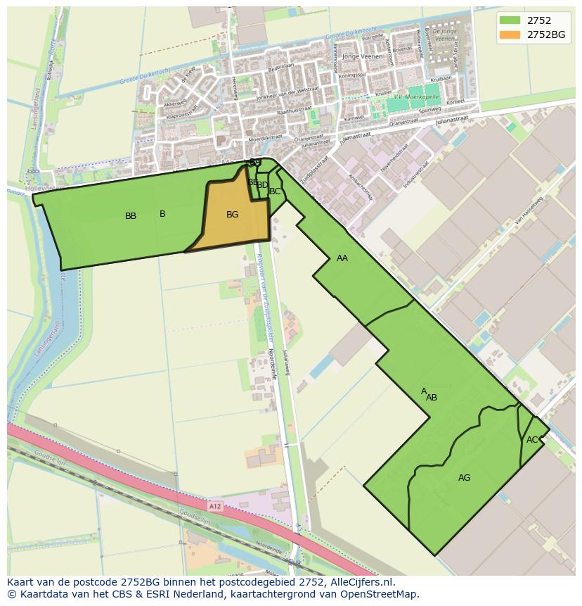 Afbeelding van het postcodegebied 2752 BG op de kaart.