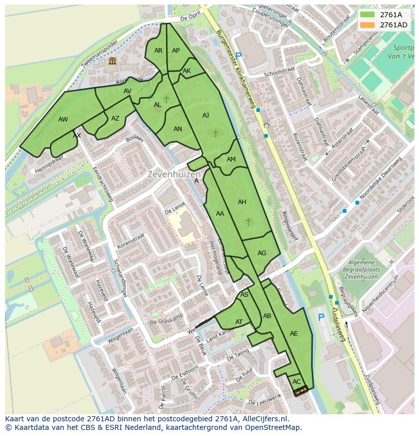 Afbeelding van het postcodegebied 2761 AD op de kaart.