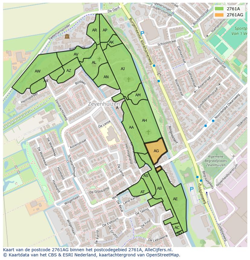 Afbeelding van het postcodegebied 2761 AG op de kaart.