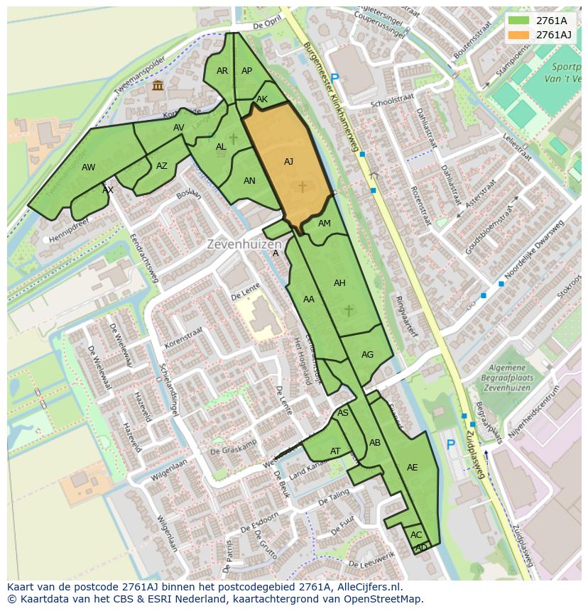 Afbeelding van het postcodegebied 2761 AJ op de kaart.