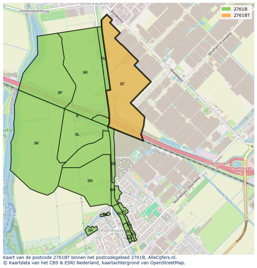 Afbeelding van het postcodegebied 2761 BT op de kaart.