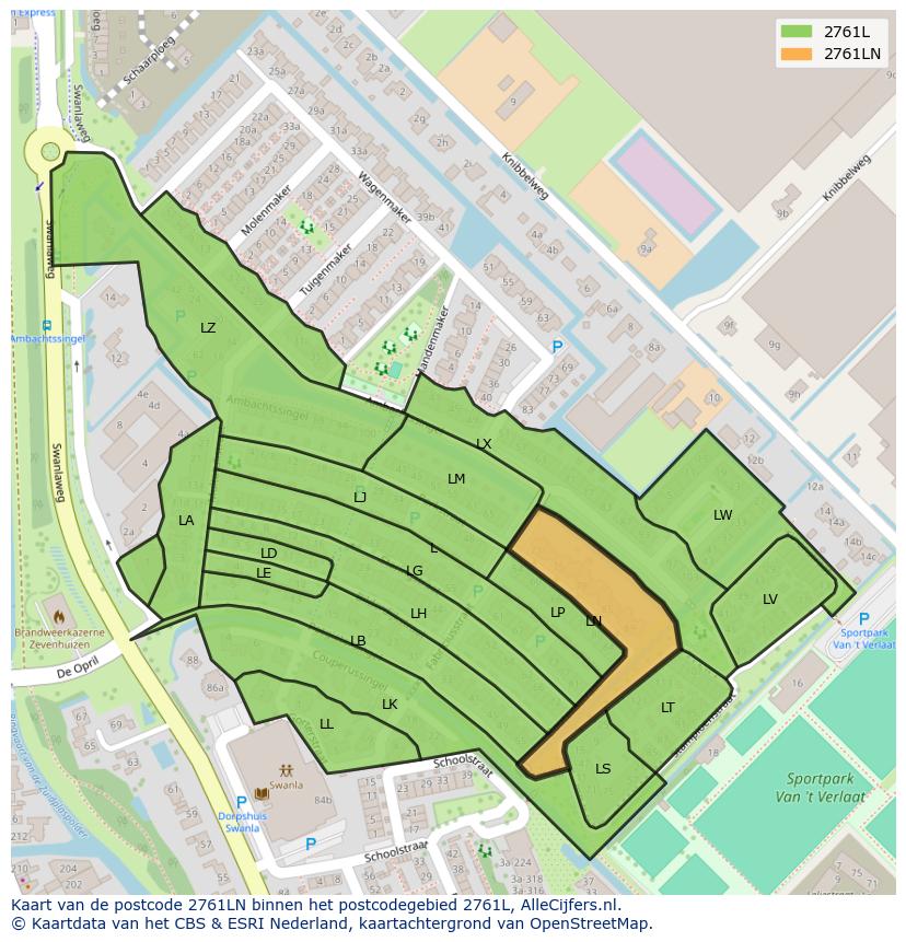 Afbeelding van het postcodegebied 2761 LN op de kaart.