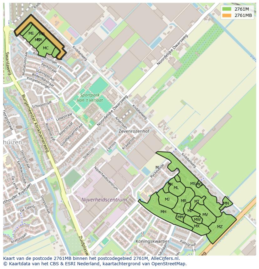 Afbeelding van het postcodegebied 2761 MB op de kaart.