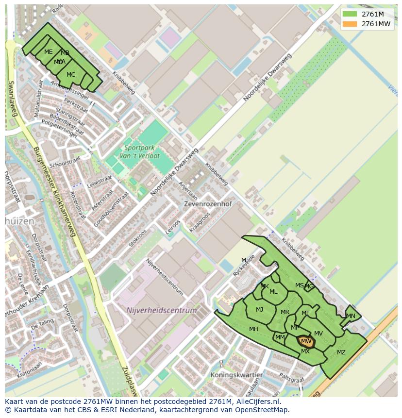 Afbeelding van het postcodegebied 2761 MW op de kaart.