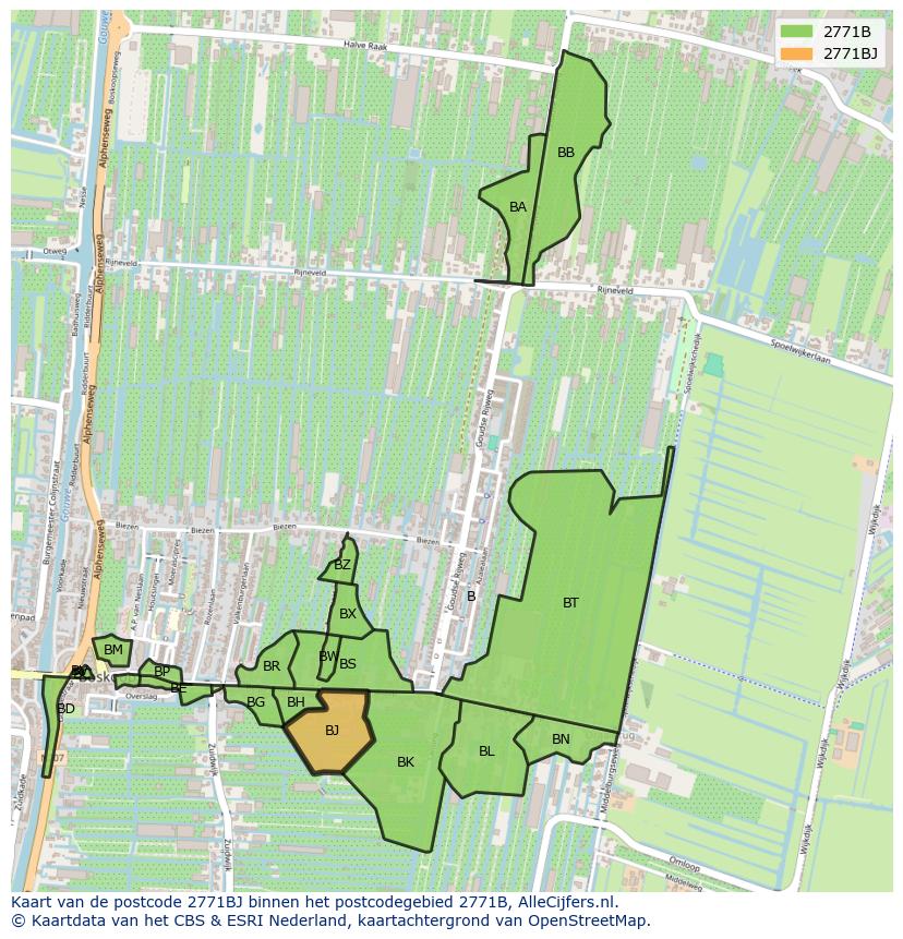 Afbeelding van het postcodegebied 2771 BJ op de kaart.