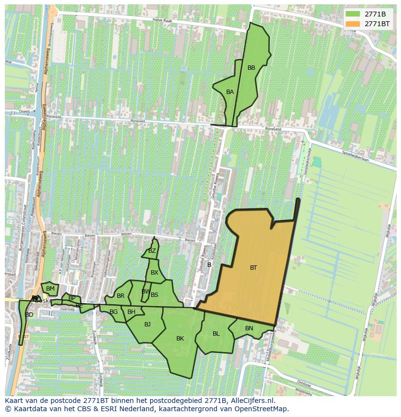 Afbeelding van het postcodegebied 2771 BT op de kaart.