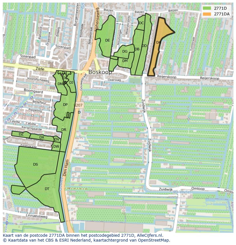 Afbeelding van het postcodegebied 2771 DA op de kaart.