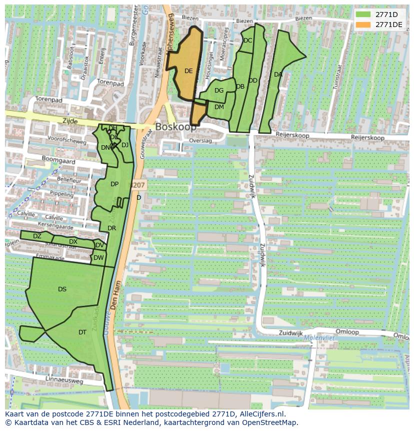 Afbeelding van het postcodegebied 2771 DE op de kaart.