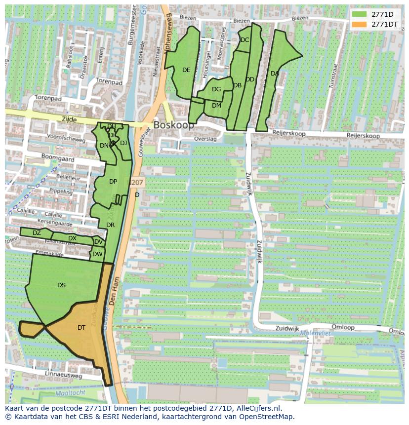 Afbeelding van het postcodegebied 2771 DT op de kaart.