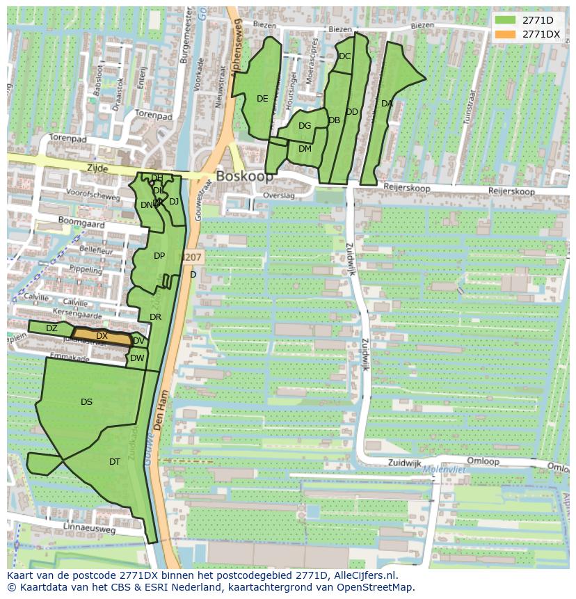 Afbeelding van het postcodegebied 2771 DX op de kaart.