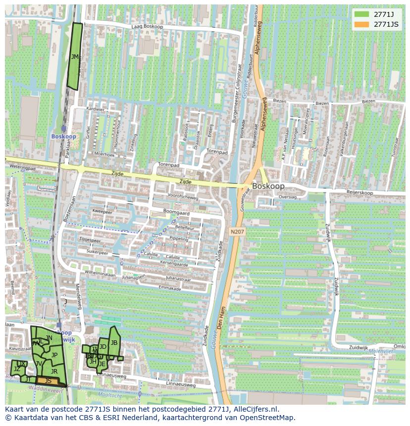 Afbeelding van het postcodegebied 2771 JS op de kaart.
