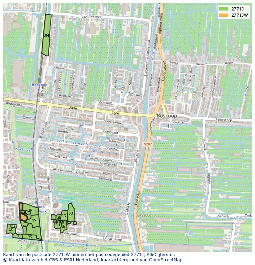 Afbeelding van het postcodegebied 2771 JW op de kaart.