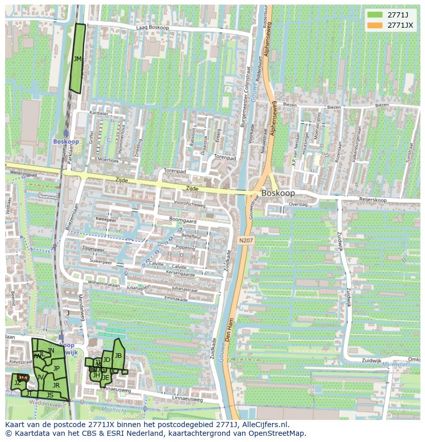Afbeelding van het postcodegebied 2771 JX op de kaart.