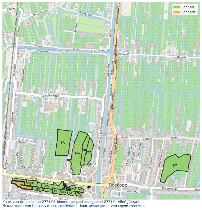 Afbeelding van het postcodegebied 2771 MS op de kaart.