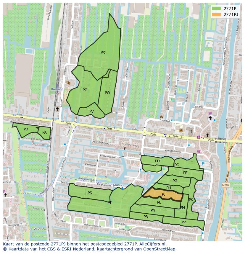 Afbeelding van het postcodegebied 2771 PJ op de kaart.