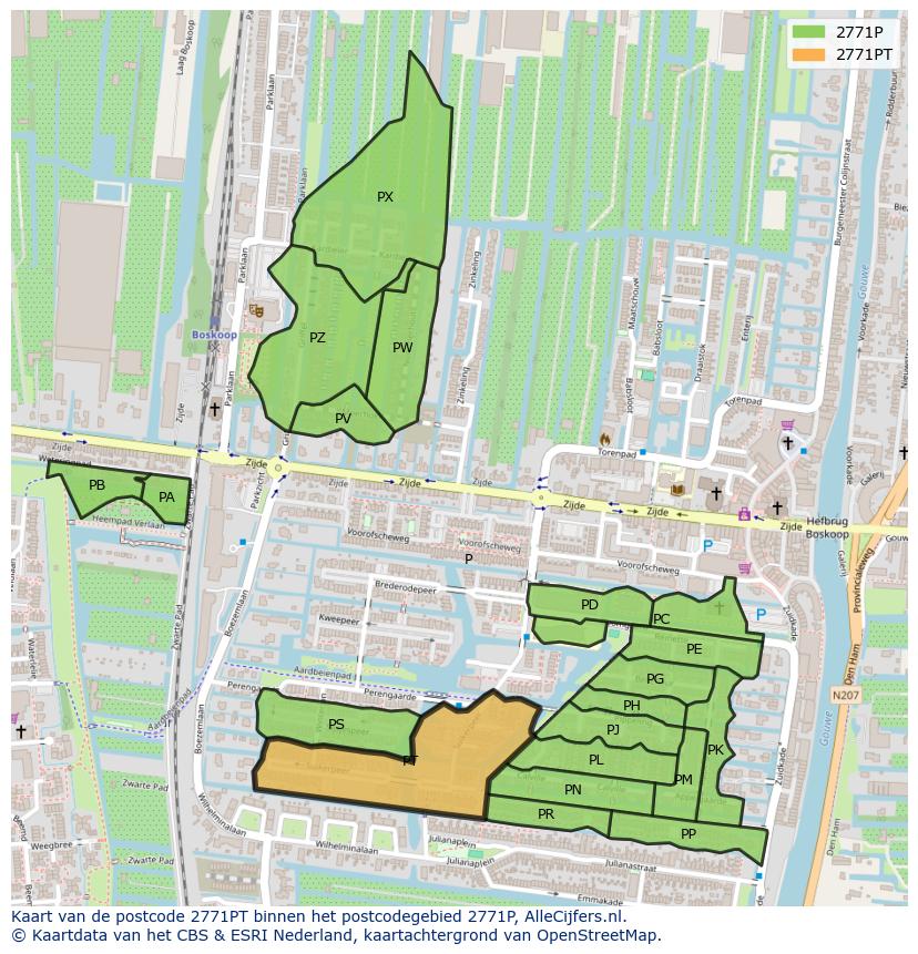 Afbeelding van het postcodegebied 2771 PT op de kaart.