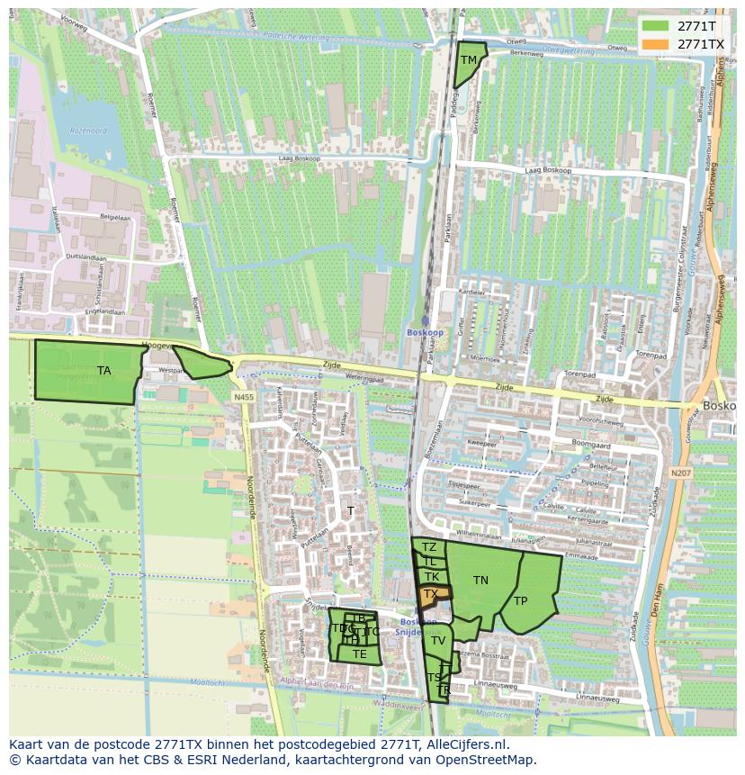 Afbeelding van het postcodegebied 2771 TX op de kaart.