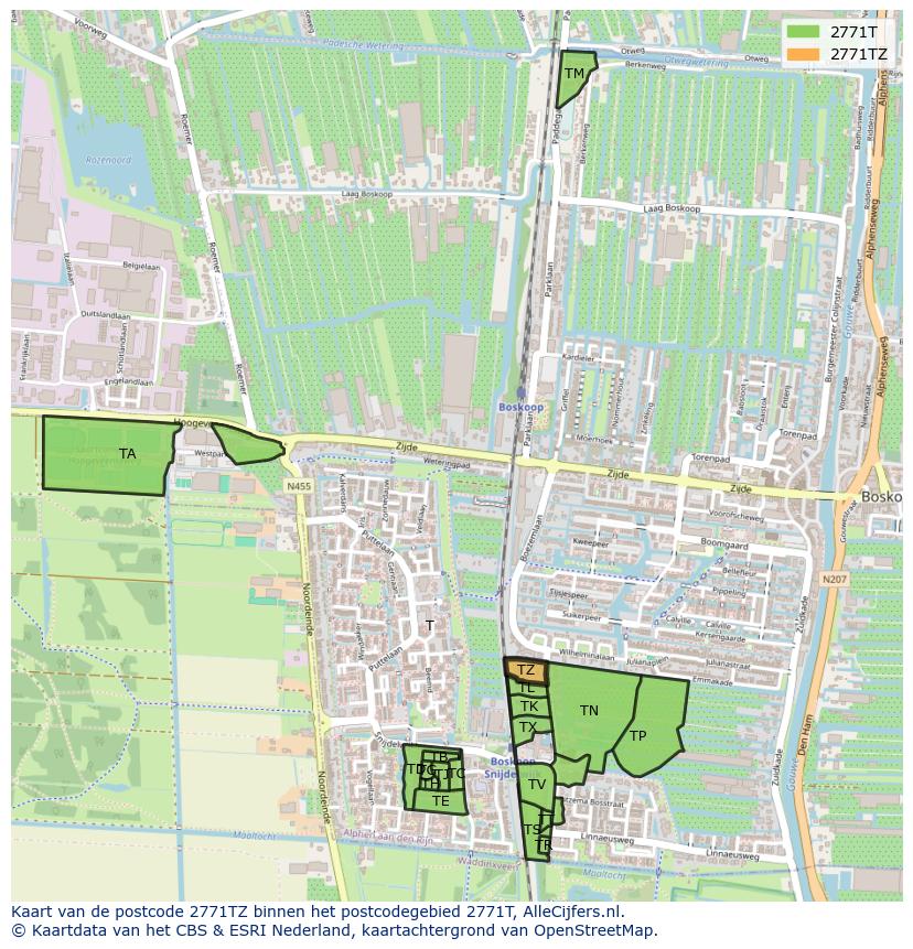 Afbeelding van het postcodegebied 2771 TZ op de kaart.