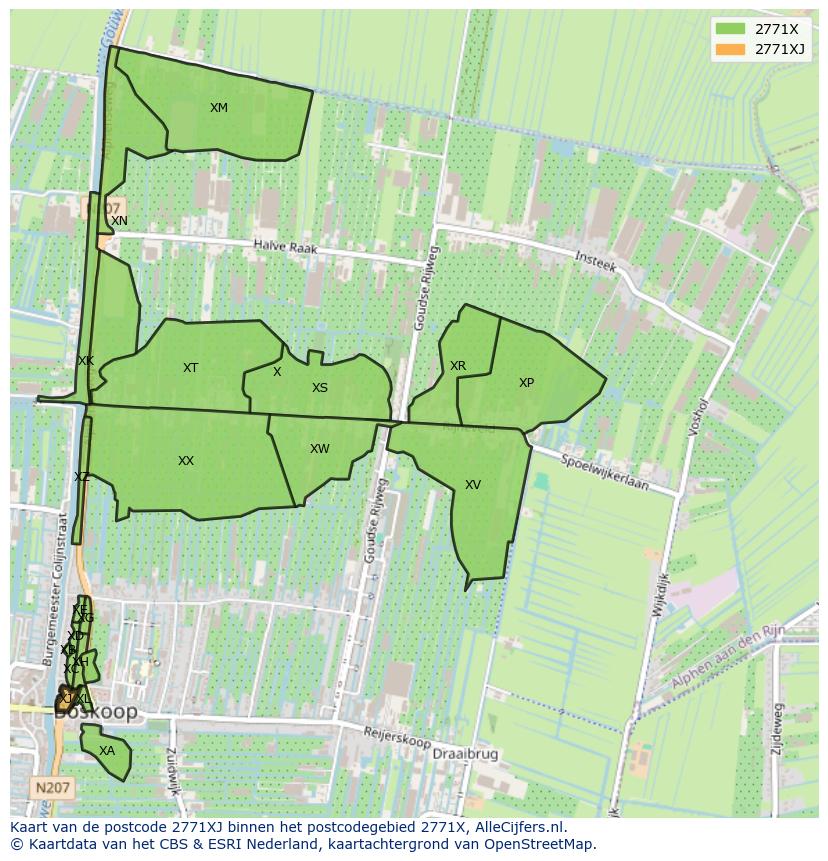 Afbeelding van het postcodegebied 2771 XJ op de kaart.