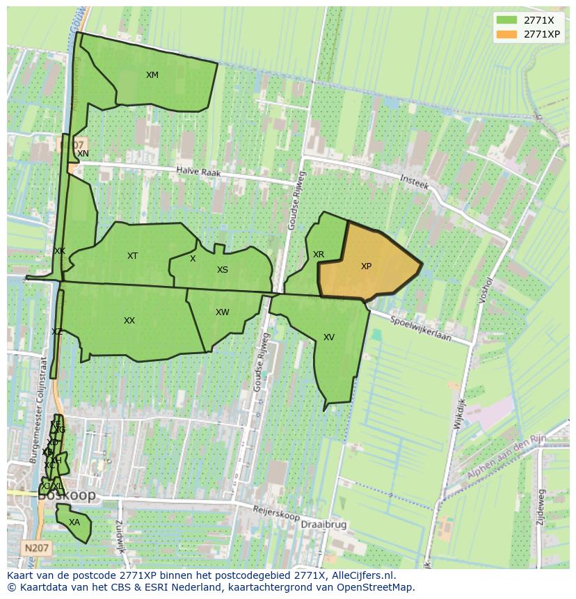 Afbeelding van het postcodegebied 2771 XP op de kaart.