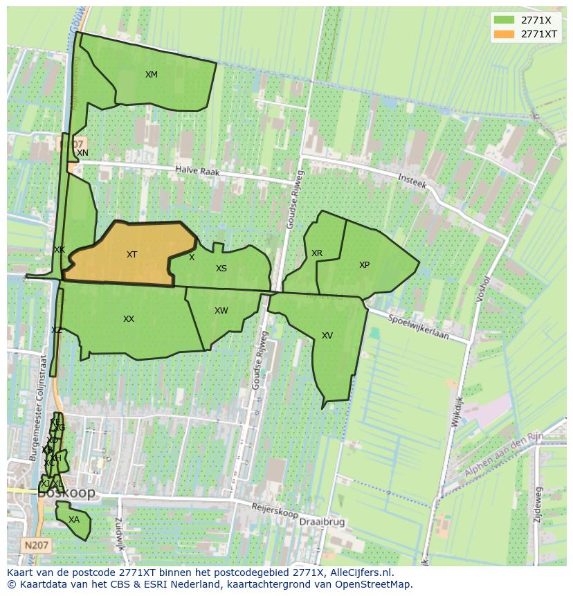 Afbeelding van het postcodegebied 2771 XT op de kaart.