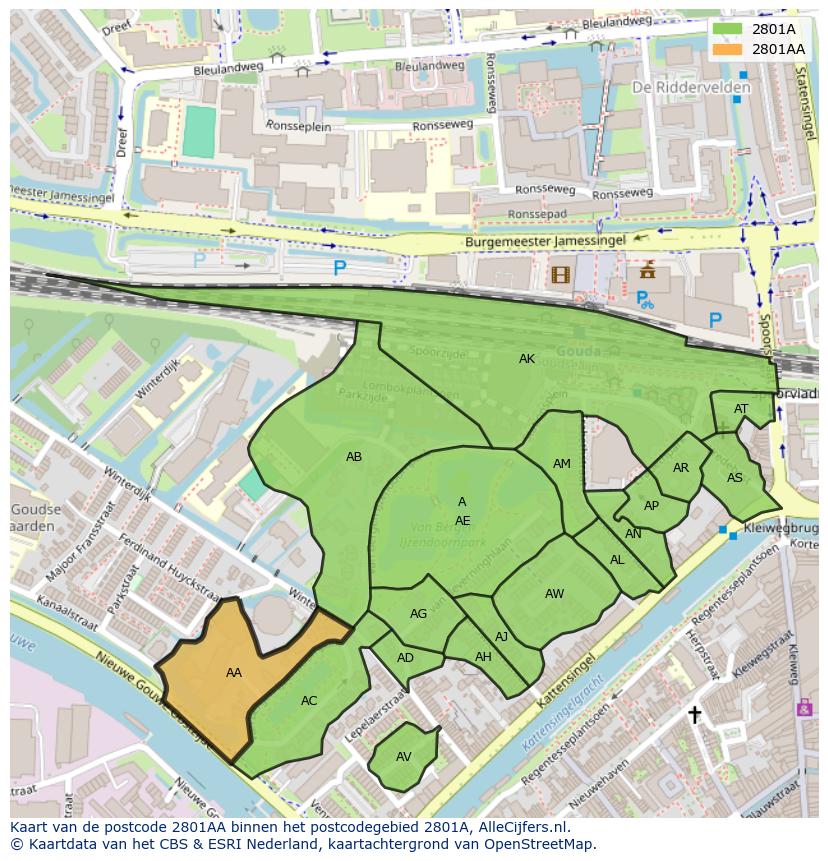 Afbeelding van het postcodegebied 2801 AA op de kaart.