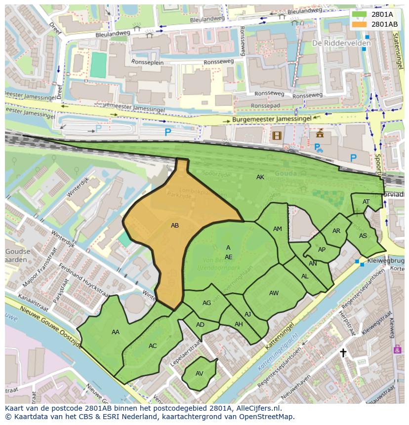 Afbeelding van het postcodegebied 2801 AB op de kaart.