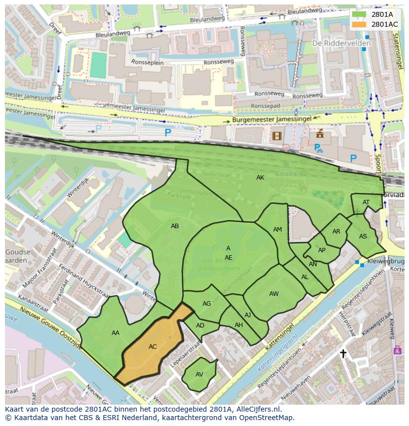 Afbeelding van het postcodegebied 2801 AC op de kaart.